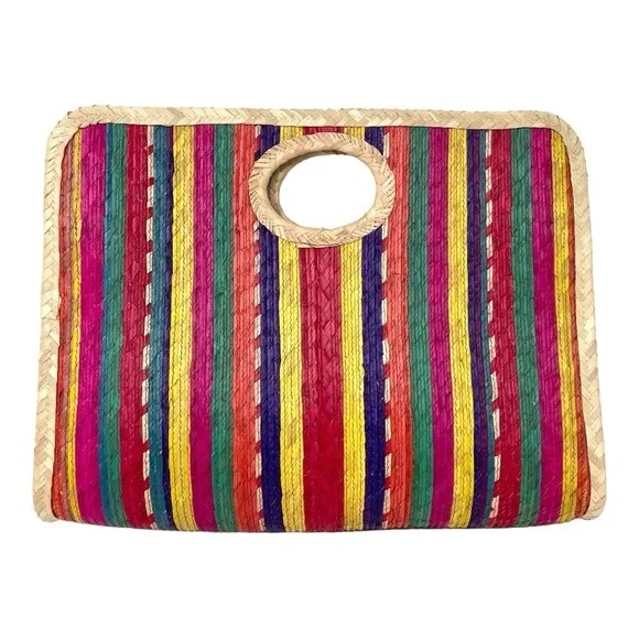Rainbow Striped Structured Straw Top Handle Bag - Picture 2 of 8